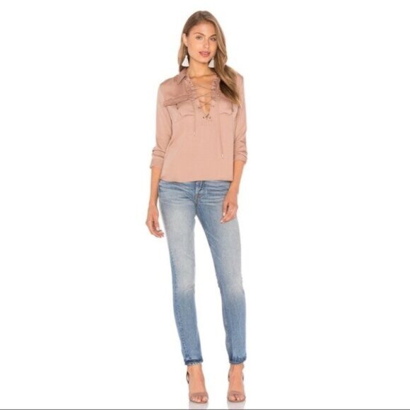 REVOLVE L'Academie Safari Blouse Camel Lace Up Tie Front Satin Size XS - Picture 5 of 14